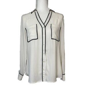 Express The Portofino Shirt Medium Ivory Black Piping Button Up Blouse Top